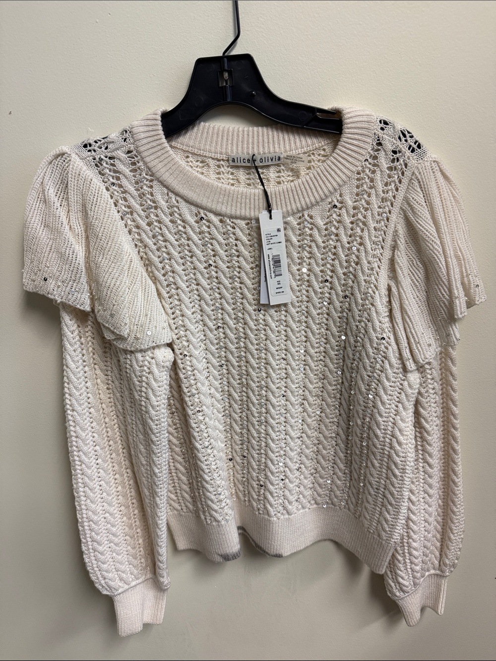Alice + Olivia Cream Cable Knit Ruffle-Sleeve Sweater with Sequins XS